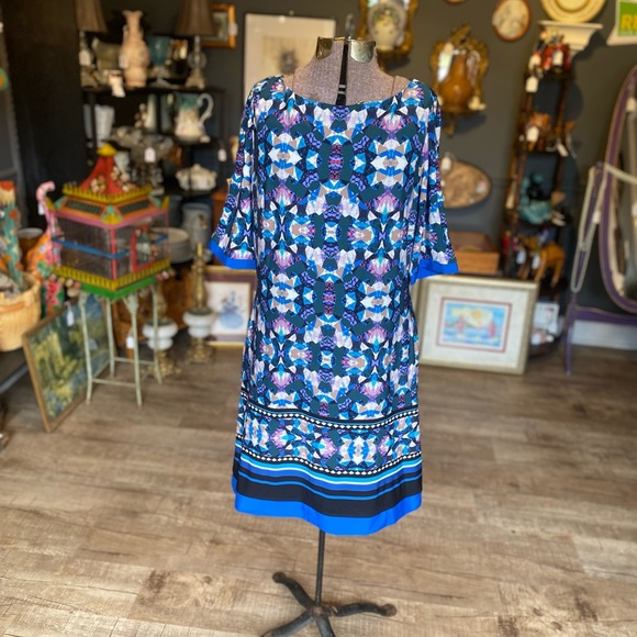 Eliza J size 12 fully lined geometric pattern poly blend midi dress - Picture 1 of 10